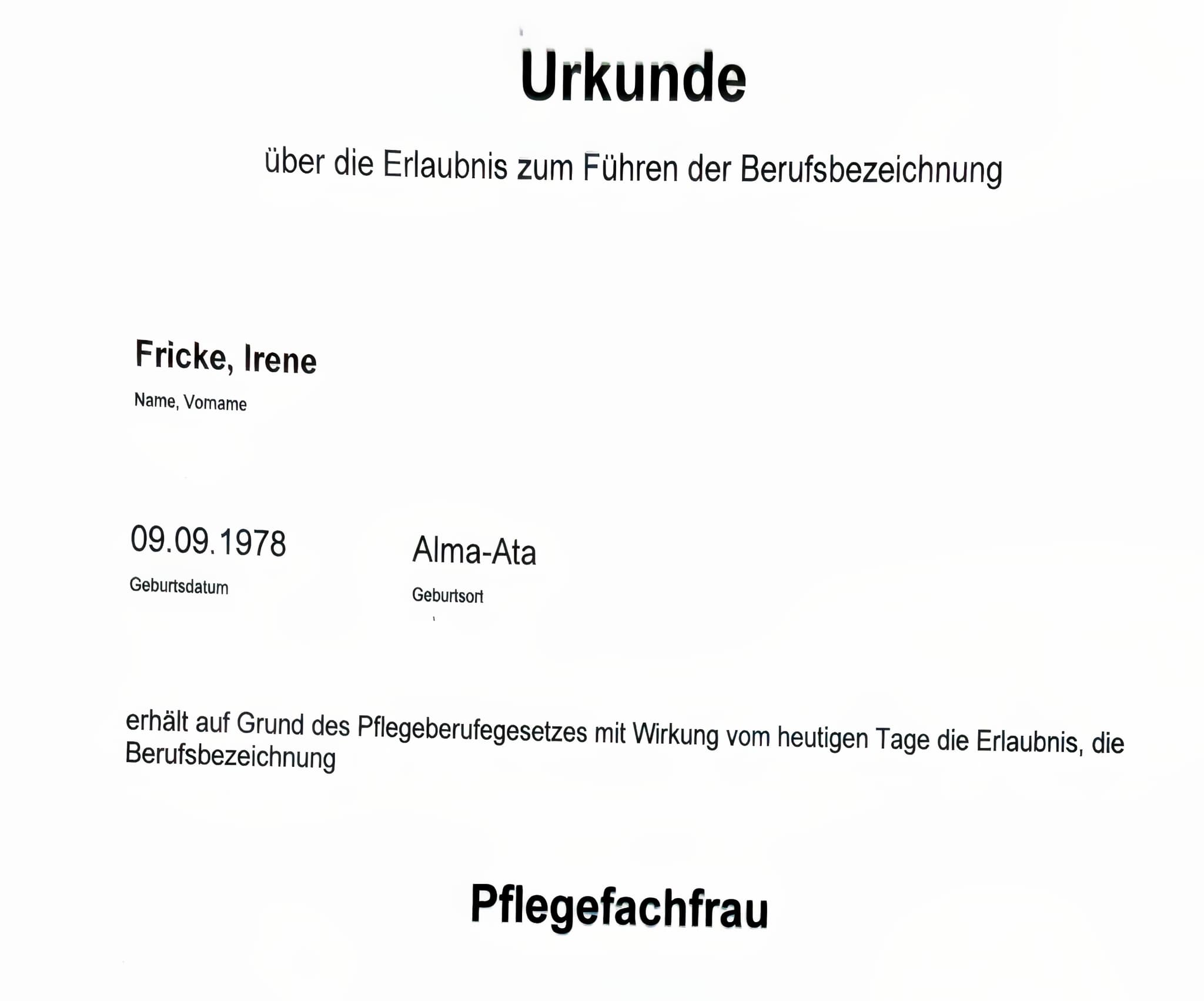 Urkunde Pflegefachfrau - Irene Fricke