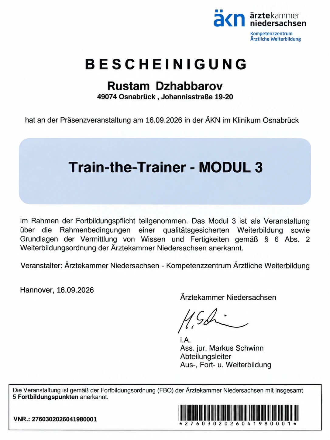 Bescheinigung der Ärztekammer Niedersachsen: Train-the-Trainer, Modul 3 – Rustam Dzhabbarov