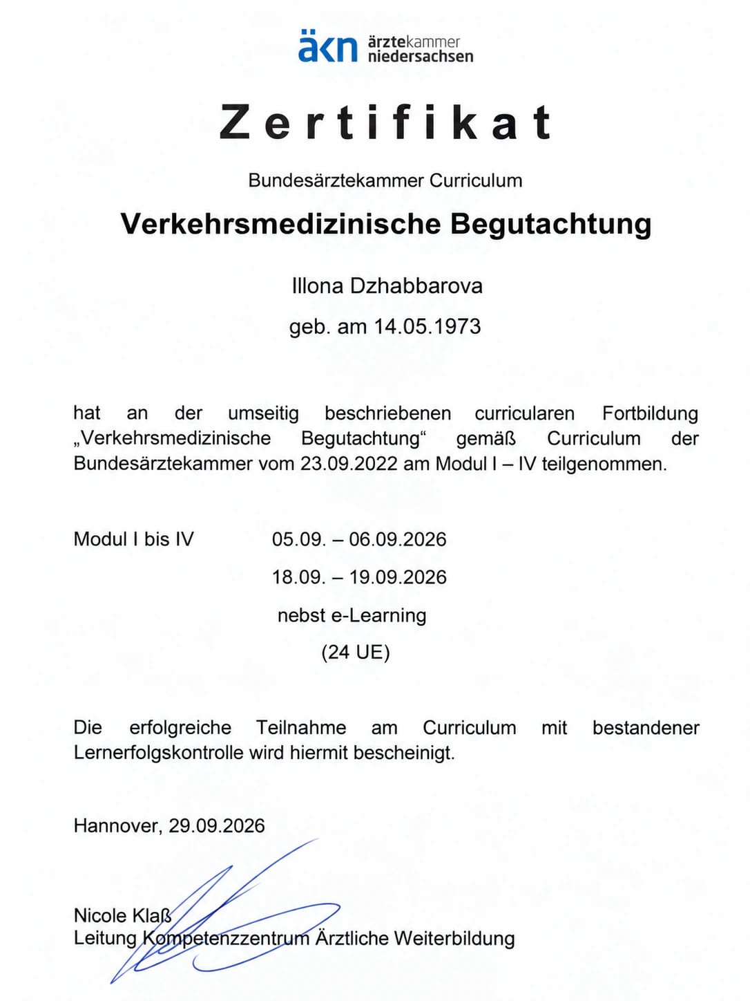Zertifikat der Ärztekammer Niedersachsen: Bundesärztekammer-Curriculum Verkehrsmedizinische Begutachtung – Illona Dzhabbarova