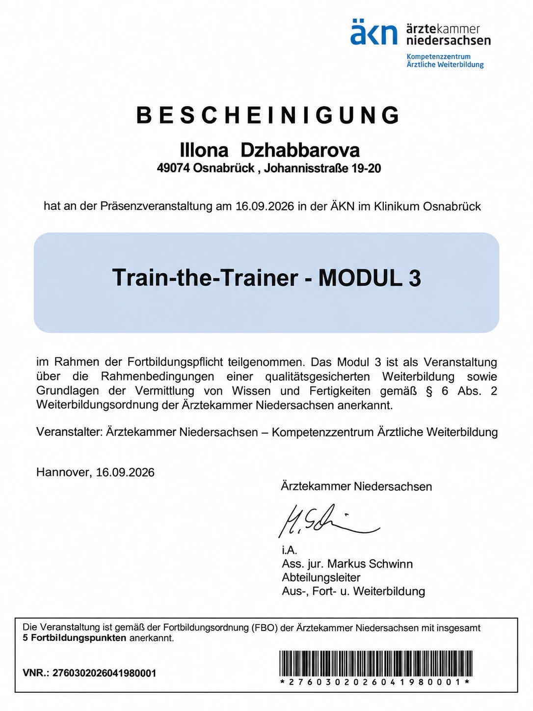 Bescheinigung der Ärztekammer Niedersachsen: Train-the-Trainer, Modul 3 – Illona Dzhabbarova