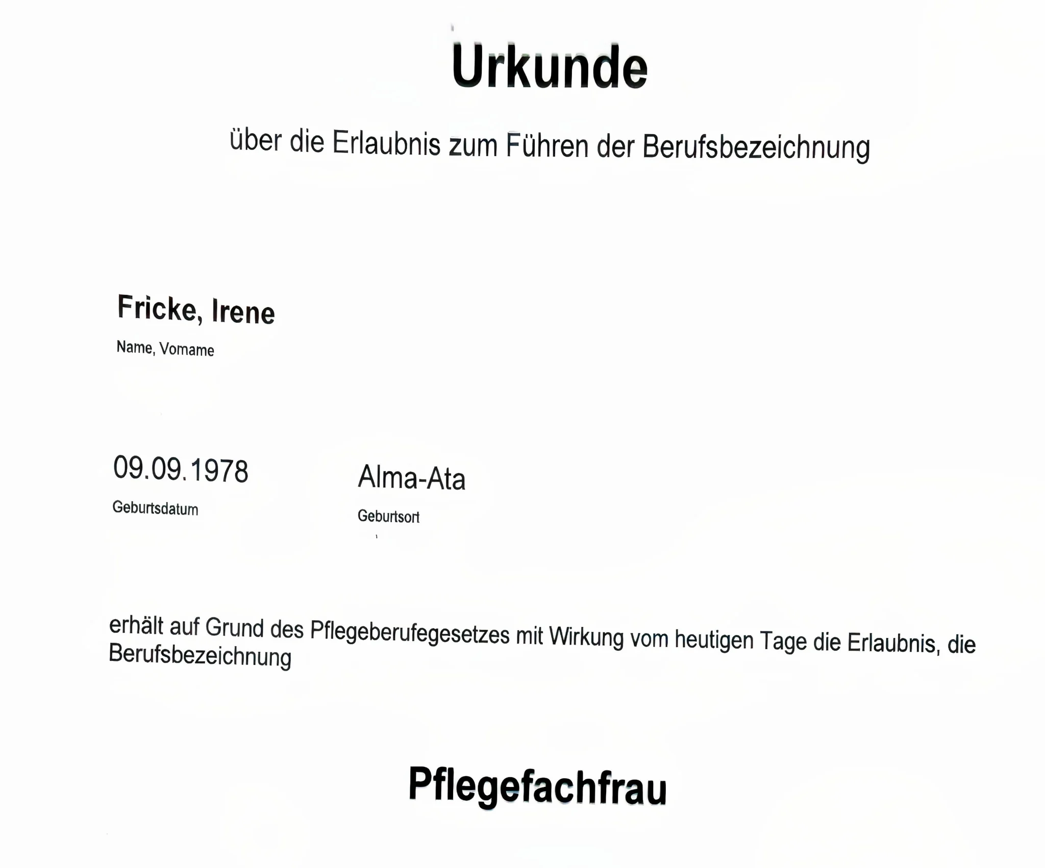 Urkunde Pflegefachfrau – Irene Fricke